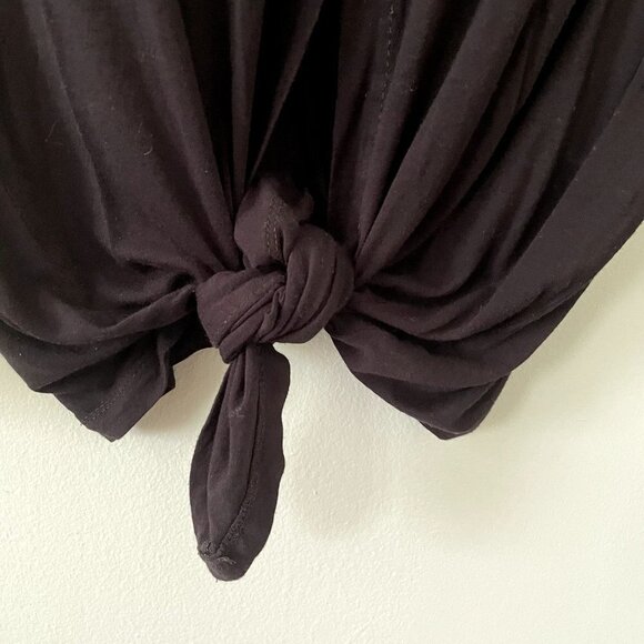 Classic black long sleeved button down v-neck top blouse comfortable knot detail - Picture 4 of 5